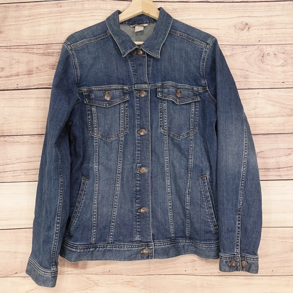 Duluth Trading Co Jacket Womens L Blue Denim Button Front Pockets Casual Stretch